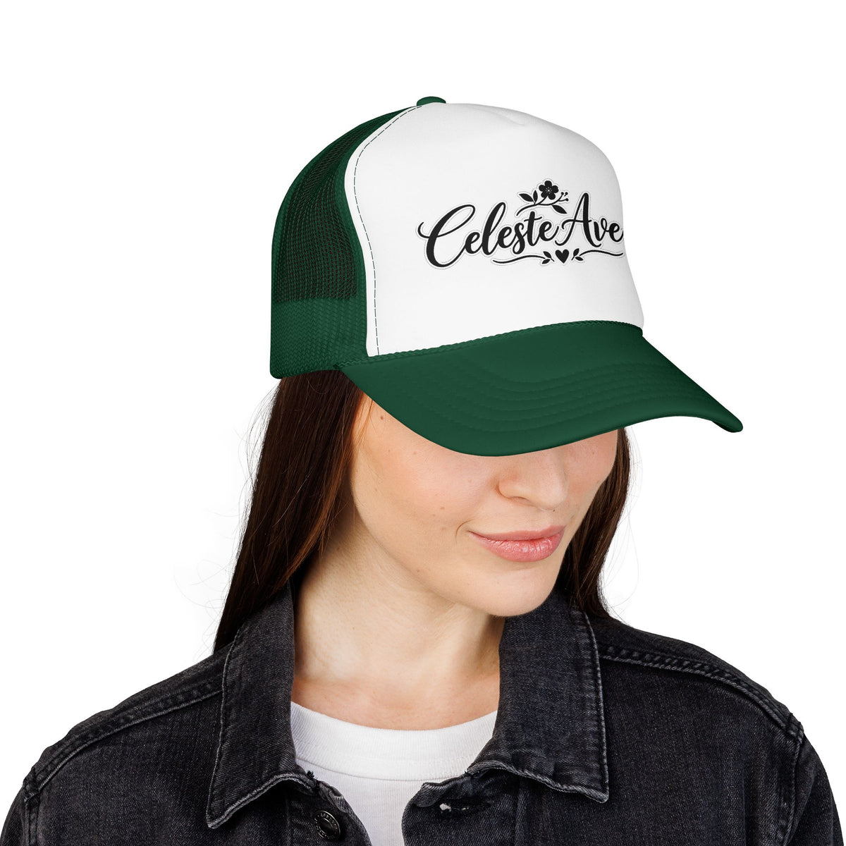 Celeste Ave Co. Foam Trucker Hat – Vintage Script Logo Mesh Cap