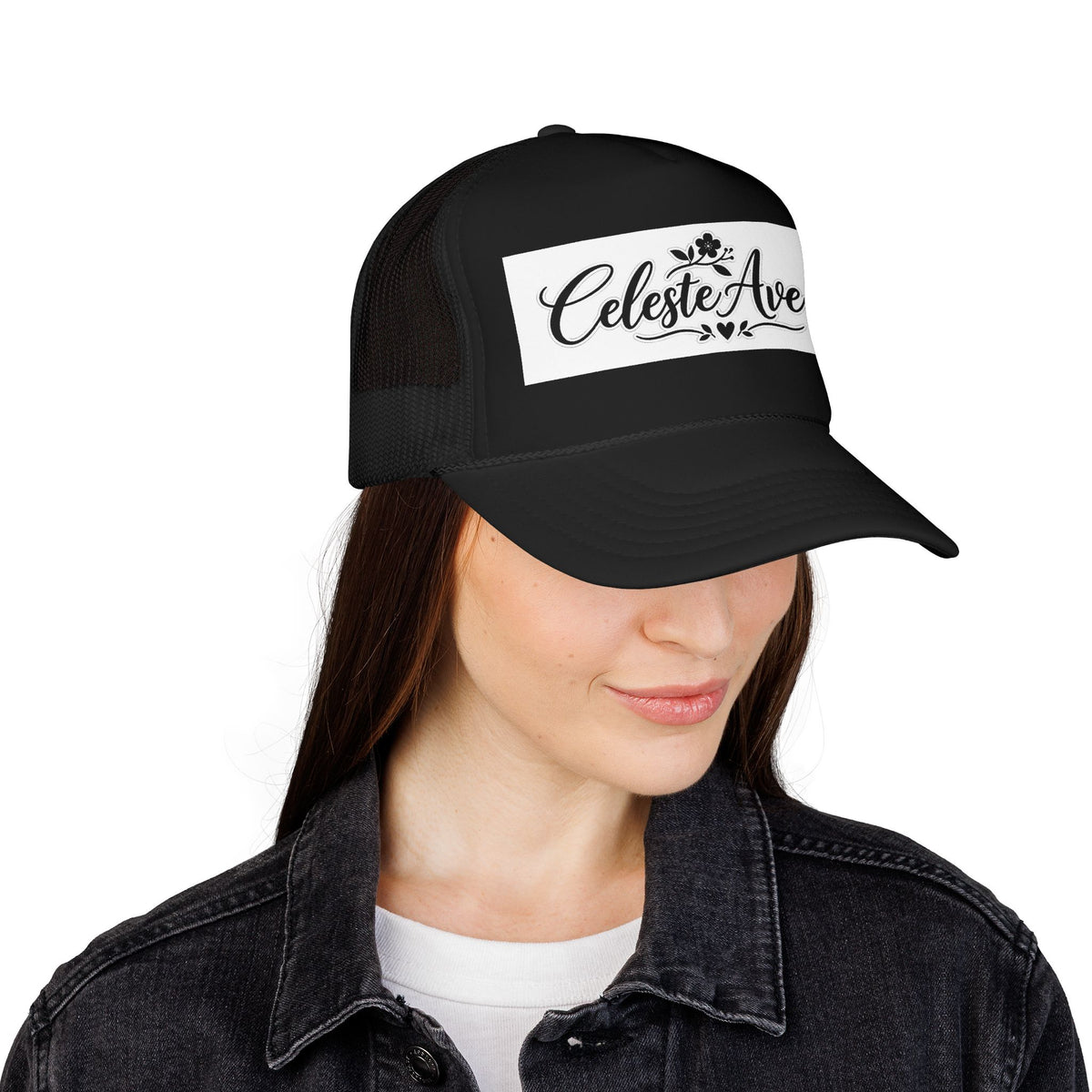 Celeste Ave Co. Foam Trucker Hat – Vintage Script Logo Mesh Cap