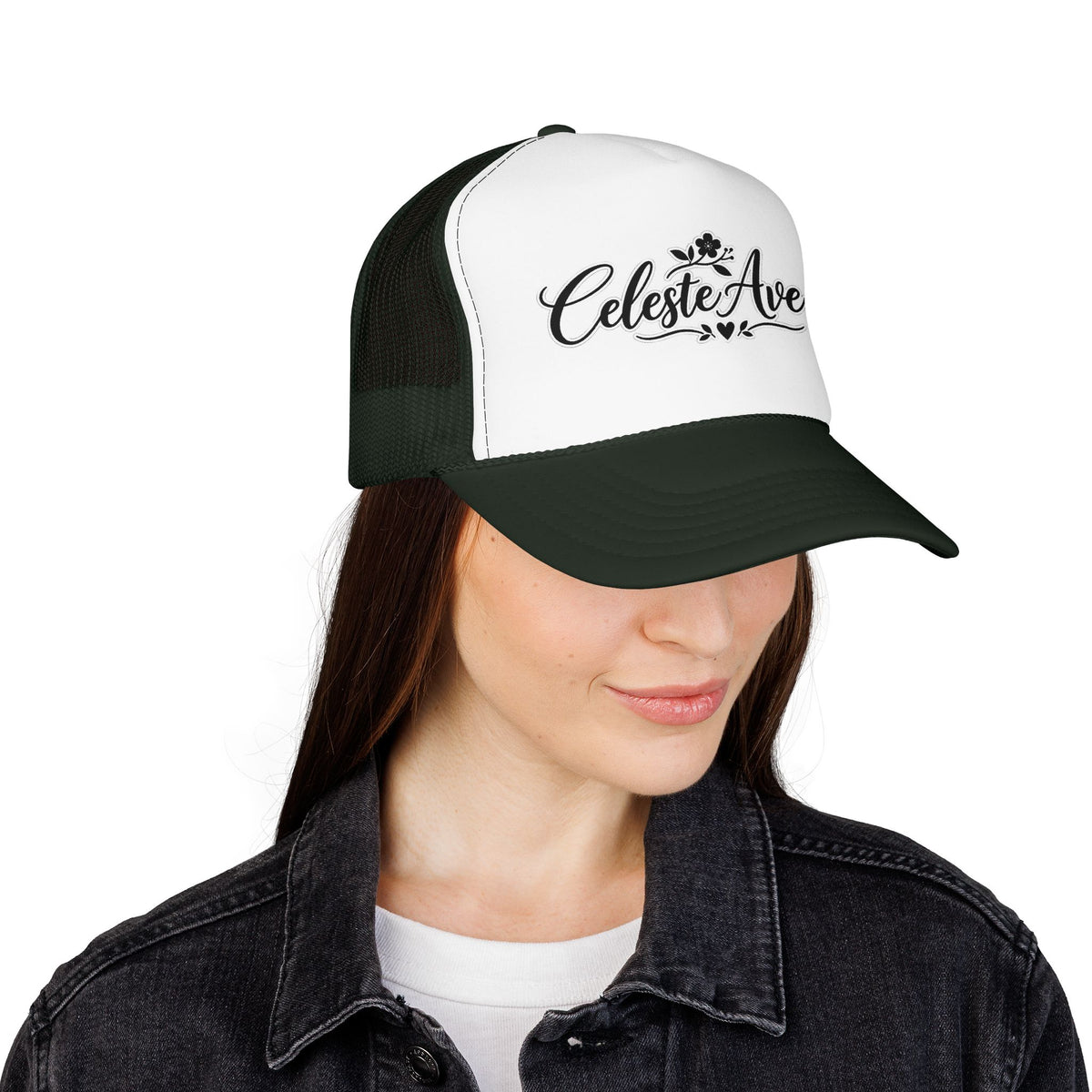Celeste Ave Co. Foam Trucker Hat – Vintage Script Logo Mesh Cap