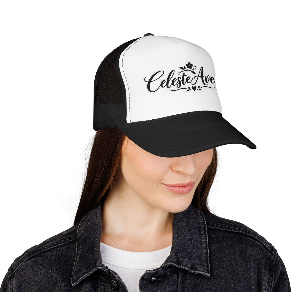 Celeste Ave Co. Foam Trucker Hat – Vintage Script Logo Mesh Cap