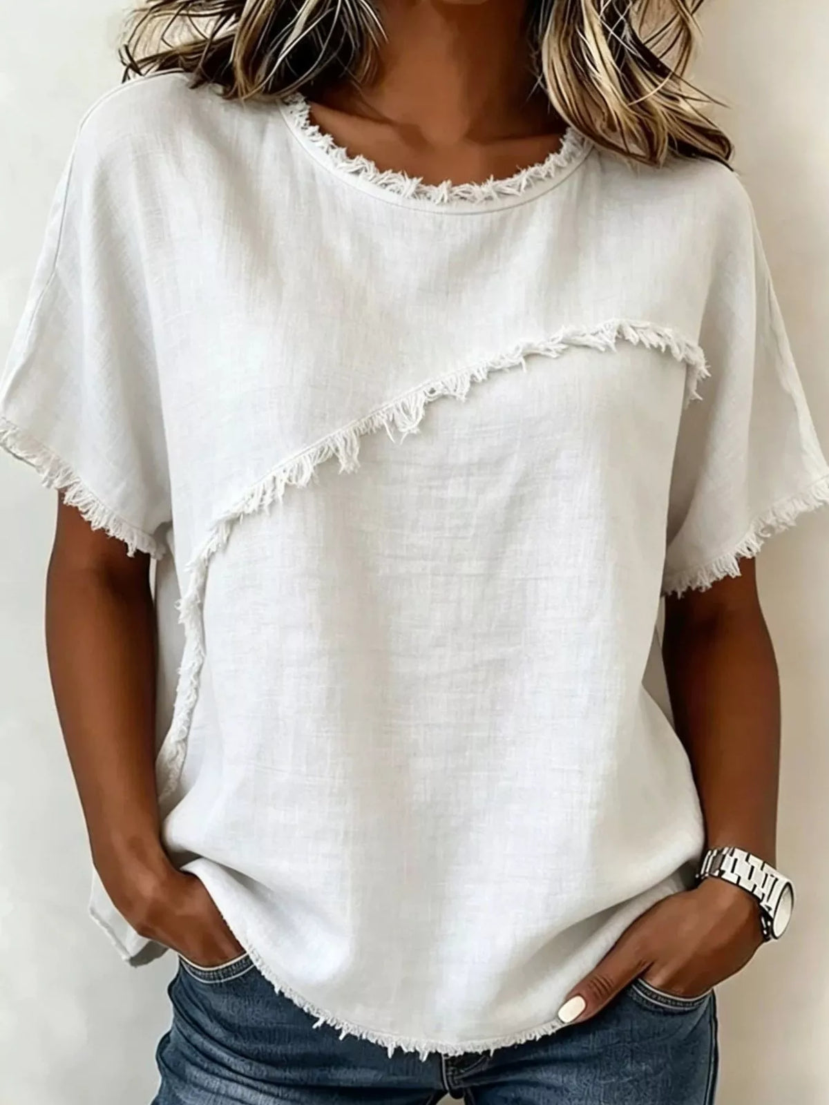 Frayed Hem Short Sleeve Top