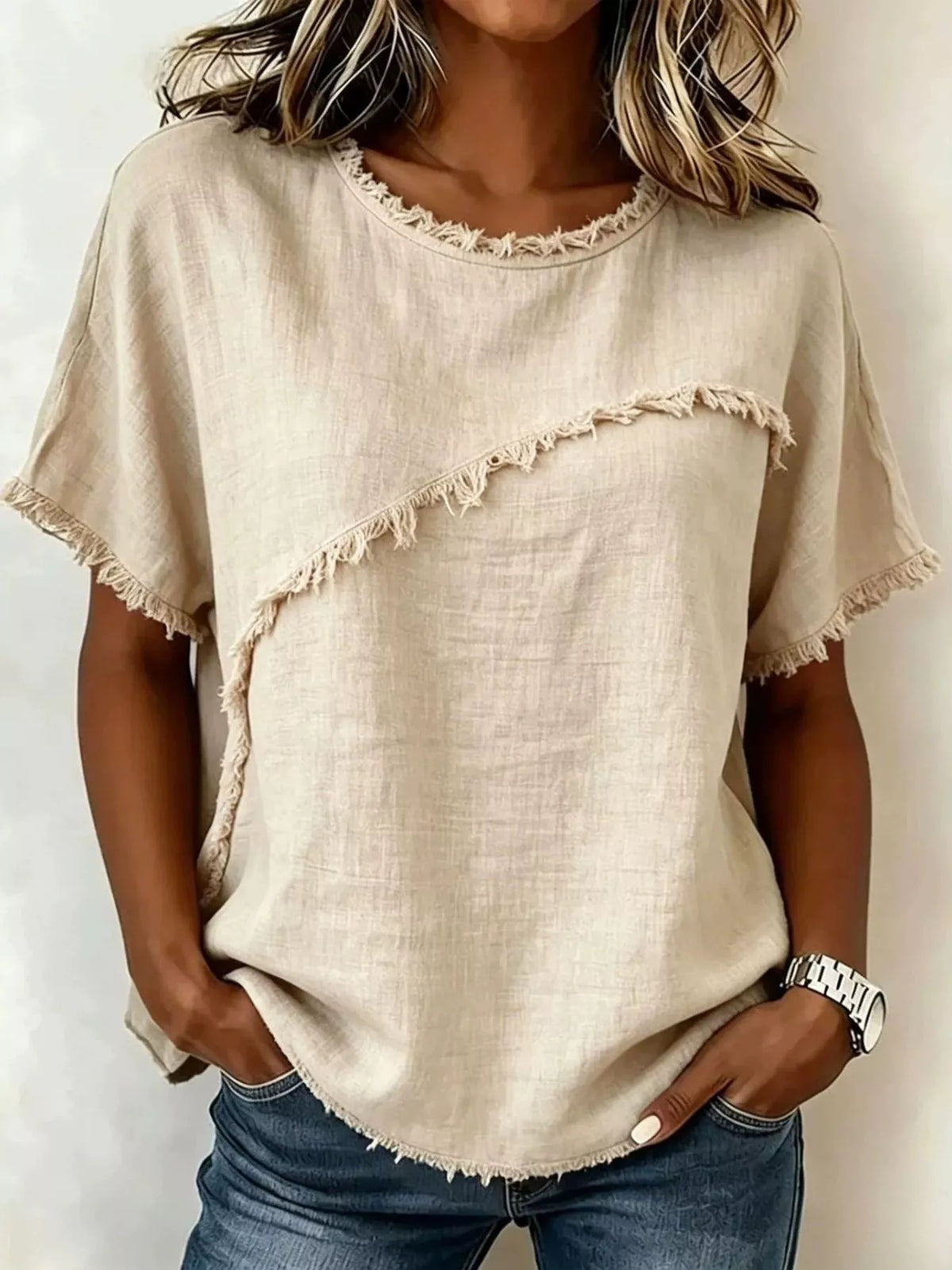 Frayed Hem Short Sleeve Top