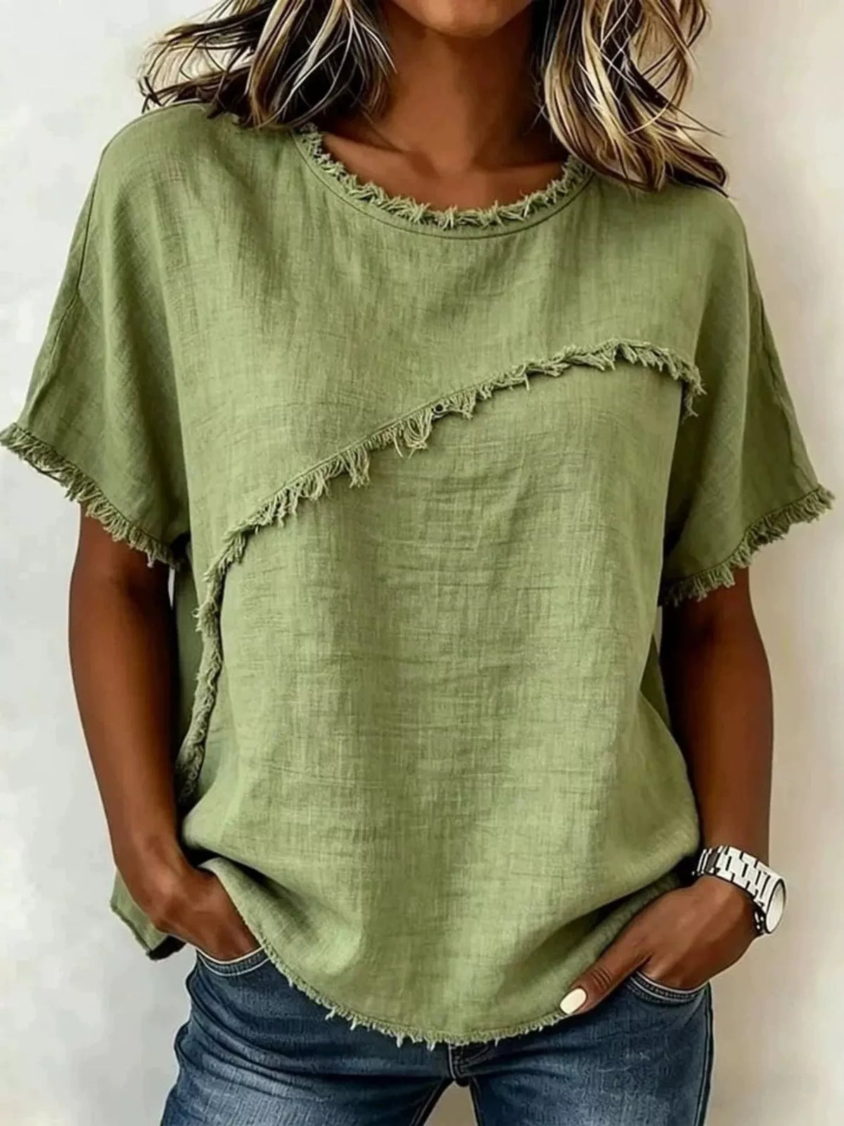 Frayed Hem Short Sleeve Top
